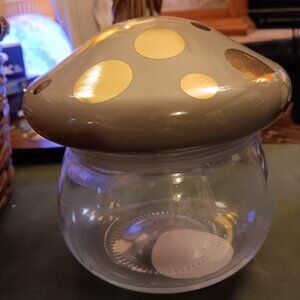 Mushroom shaped canister Jar Glass Gray/Green & Gold lid 6" NEW!*READ**